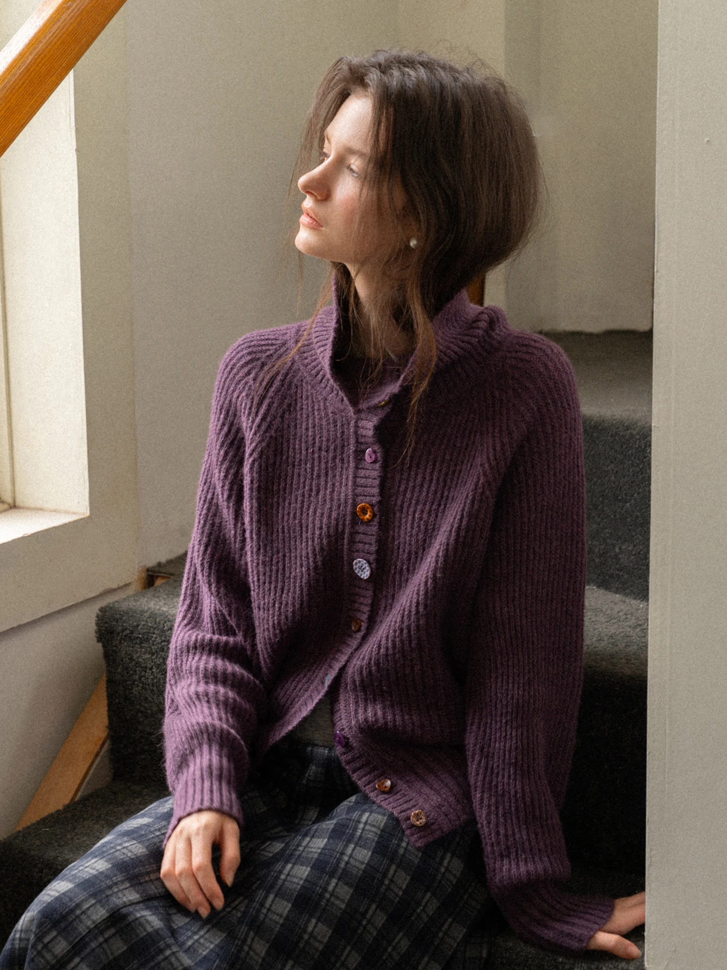 

Elegant Purple Sweater Cardigan Women's Casual Soft Knitted Top Vintage Gentle Commute Shirt EGGKA Design Sensation