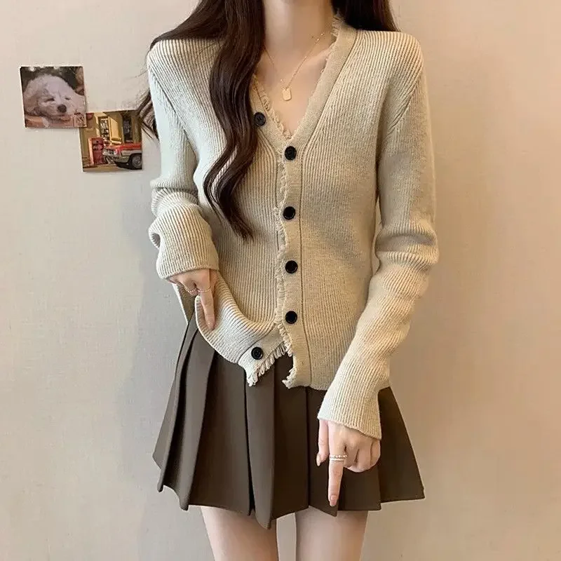 

Lazy Style V-neck Sweater Jacket for Women New Plus Size Fat Mm Knitted Cardigan Slimming Off Covering the Belly and Hiding