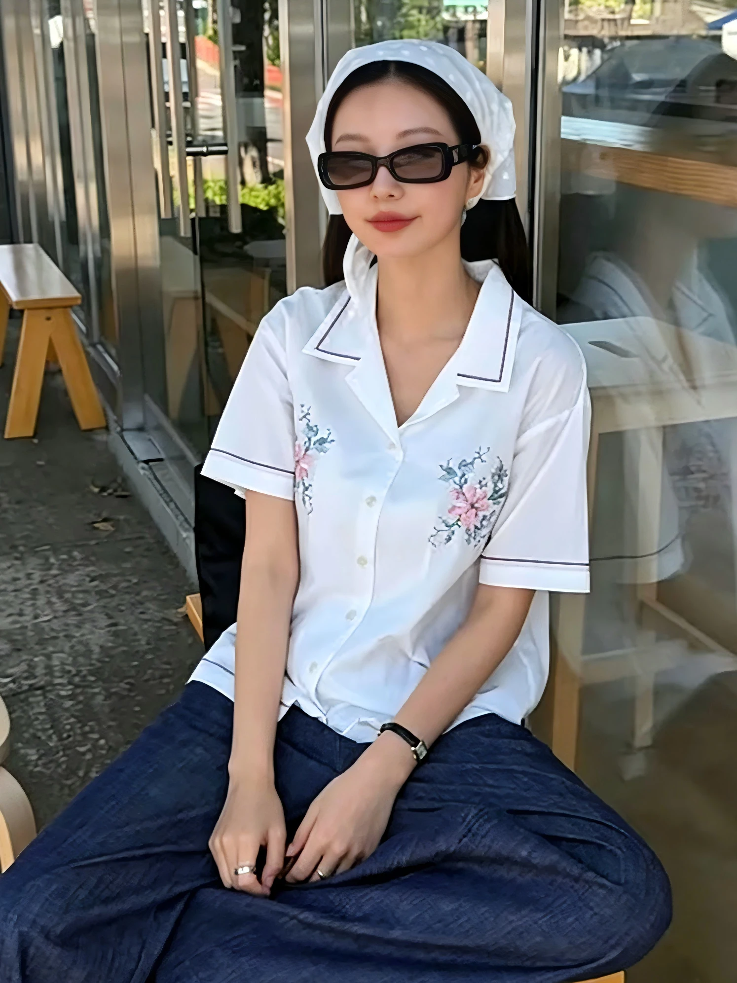 

Ladies' Mosaic Embroidery Short Sleeve Shirt Summer New Style Loose Fit Cotton Breathable Flip Collar Slimming Top