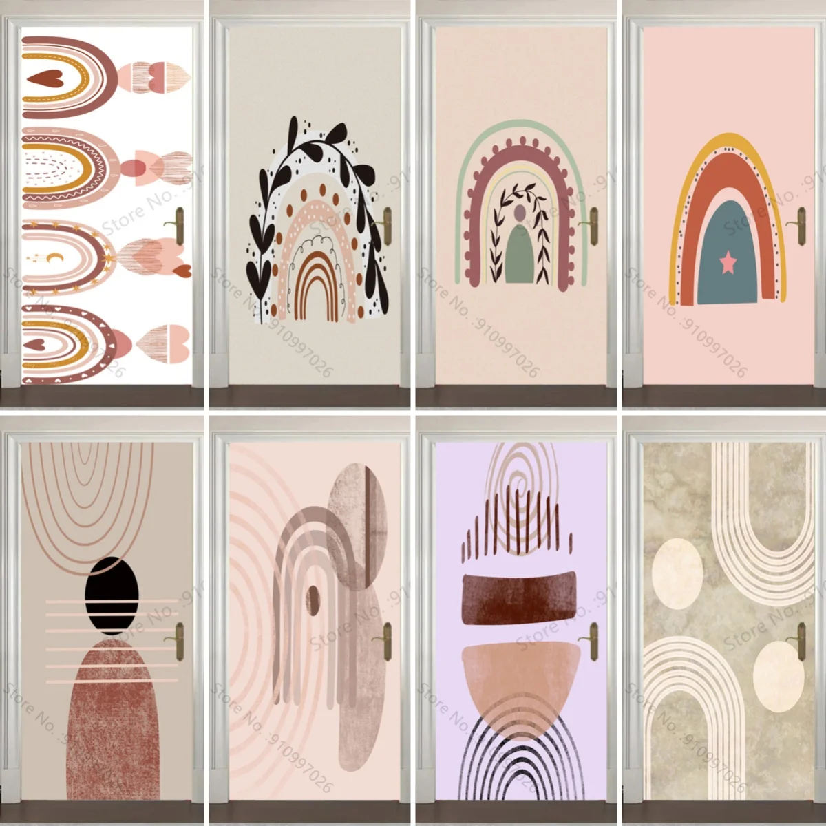 Bohemia Abstract Geometric Arch Line Door Wrap Stickers Makeover Self-adhesive Vinyl Wall Decal Full Door Cover Decals Wallpaper