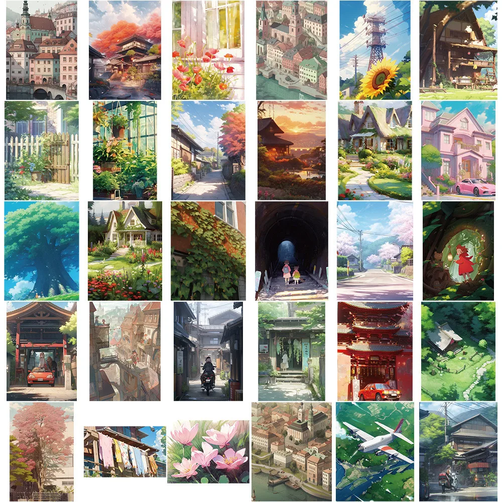 Cartoon Landscape Anime Stickers, Stationery, Phone, Suitcase, Scrapbooking Material, Vintage Aesthetic Sticker, 60Pcs