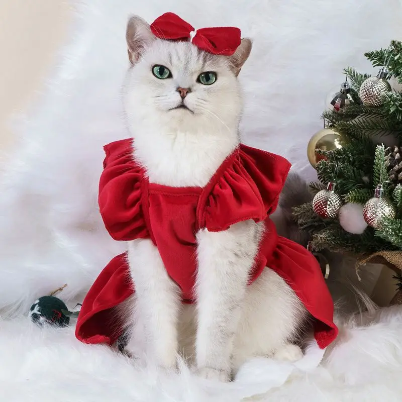 Pet Cat Dress Clothes Christmas Dog Dress Dog Slip Dress ，Coat Dress Red Skirt Costume Pet Cat Warm Dress Bow Skirt Pet Costume