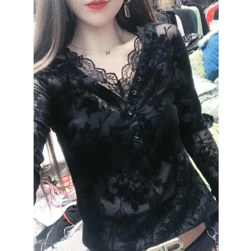 Elegant V-Neck Spliced Button Lace Blouse Women\'s Clothing 2023 Autumn Winter New Oversized Casual Pullovers Office Lady Shirt