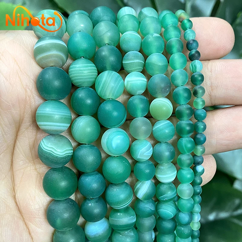 Natural Matte Green Stripe Agates Loose Round Onyx Bande Beads 15