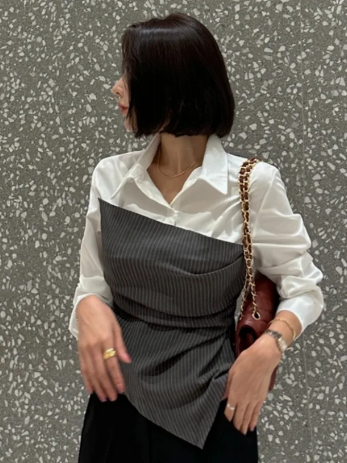 

Chic Long Sve irt Collar Color Blo Stripe Casual Sle Women's Premium Faion Spring Autumn Design Slimming Effect