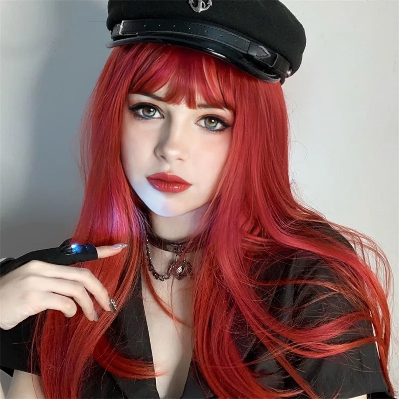 Fashion Raspberry Red Long Straight Hair Synthetic Wig with Air Bangs High Quality Women's Stylish Wig