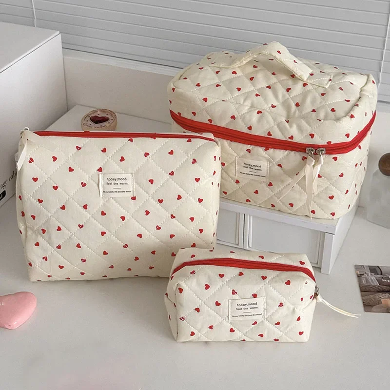 

Fashion Heart Flower Women Makeup Bag Large Capacity Toiletry Cosmetic Cotton Storage Pouch Handbag Ladies Zipper Makeup Bag
