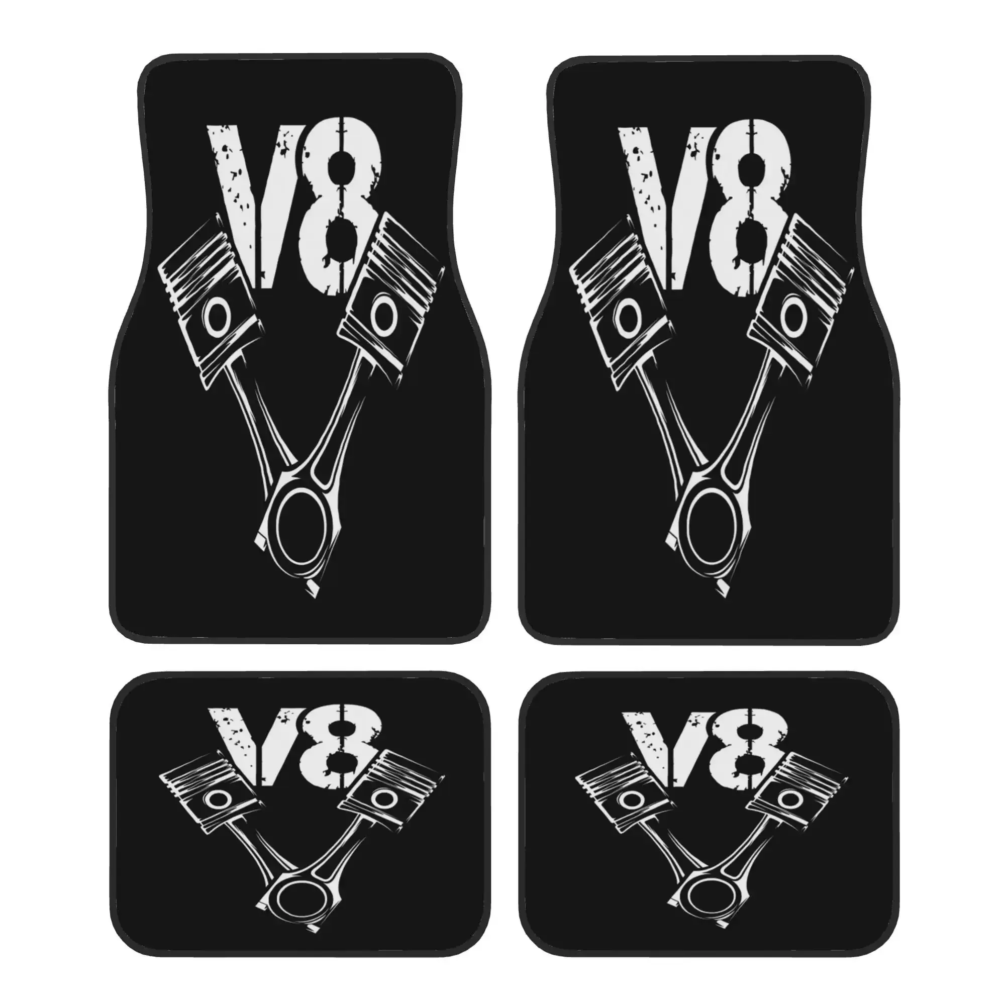 Set Of 4 V8 Engine Piston Car Floor Mats Made From Durable Polyester Fiber, Suitable For Vehicles, Featuring A Fun Design With R