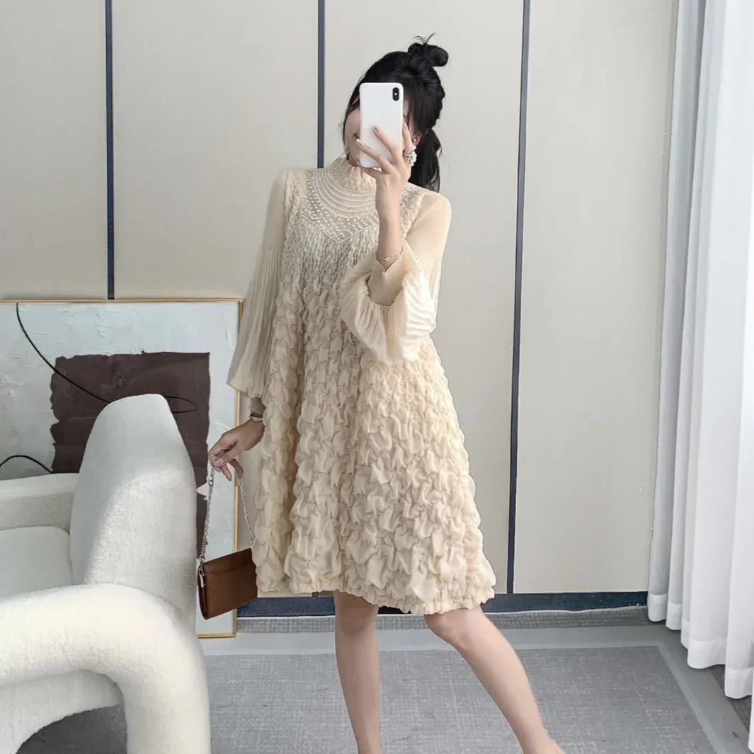 

Pleats Pleated Dresses Stapled Beaded Large Size Mid-length Dresses Commuter 2024 Fall Winter Casual Embroidery Skinny Dresses