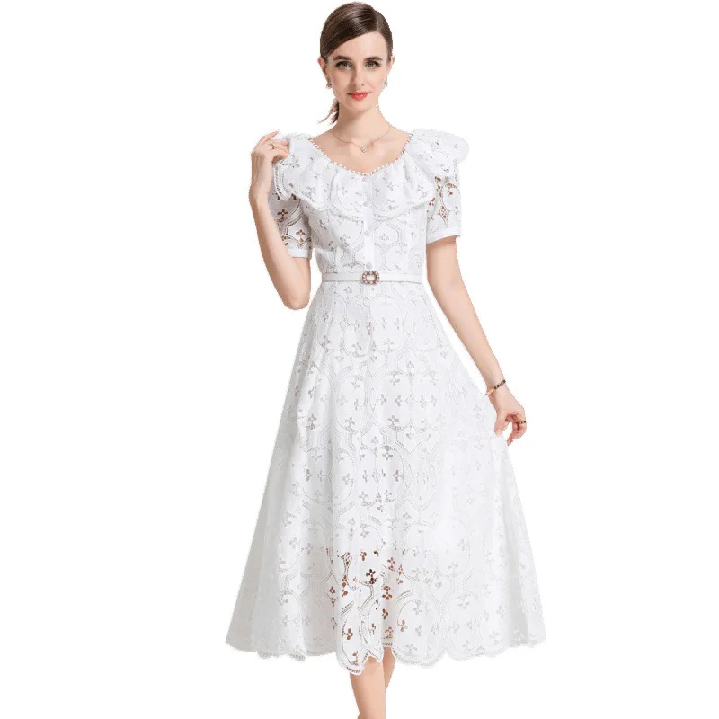 Vaion Lace Dr. Hollow out Stickerei Gored Ne Light Maturi Sle High Waist Street Faion Summer Thi ort Sve