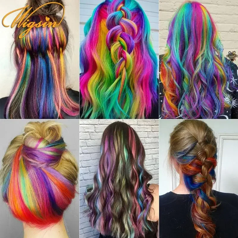 وصلة شعر صناعية طويلة مستقيمة من ويغسين، قطعة شعر ملونة بألوان قوس قزح أرجواني وأحمر وأزرق للنساء #6
