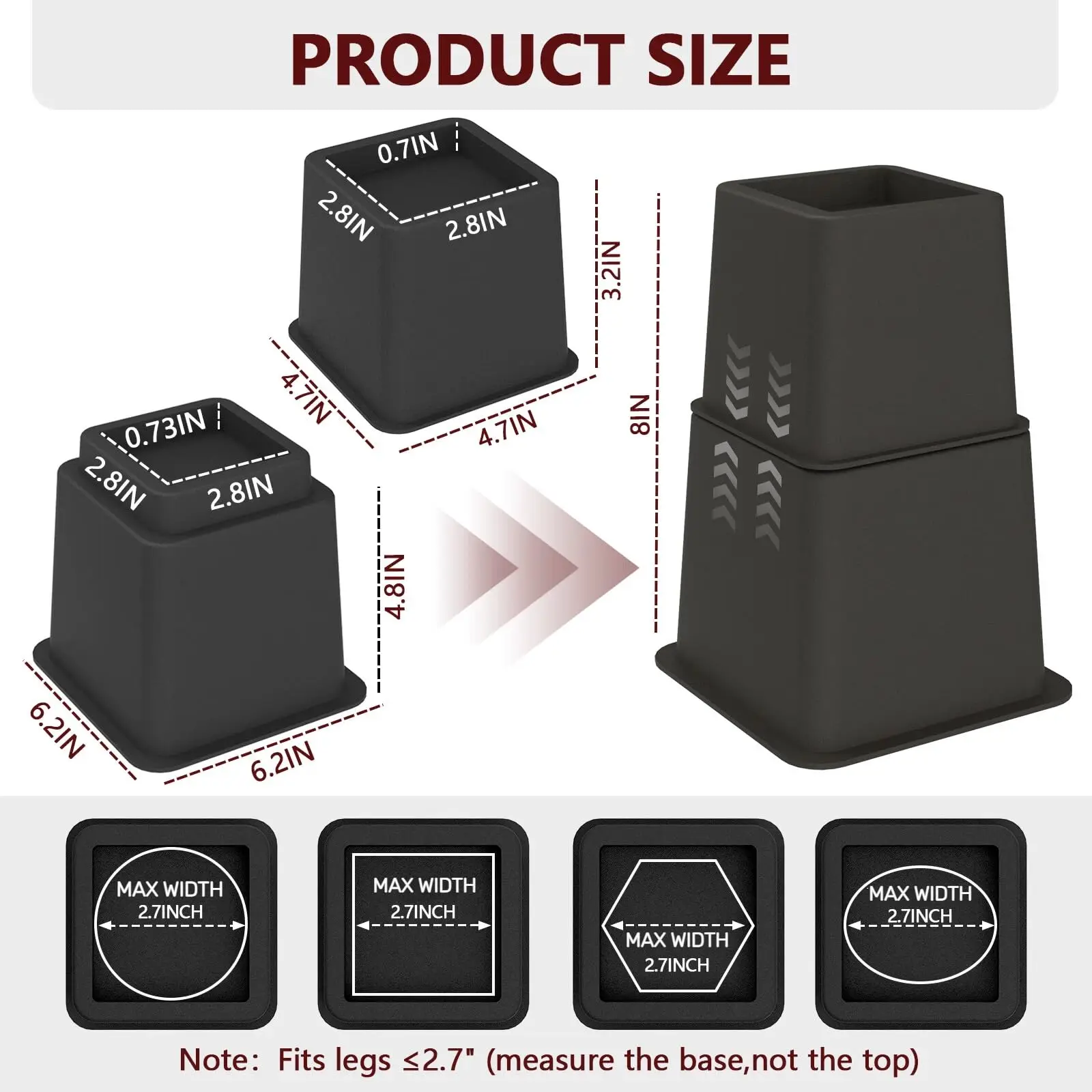 Heavy Duty Bed Risers - Set of 4 Adjustable Furniture Risers, Elevation Heights of 3, 5 & 8 Inches