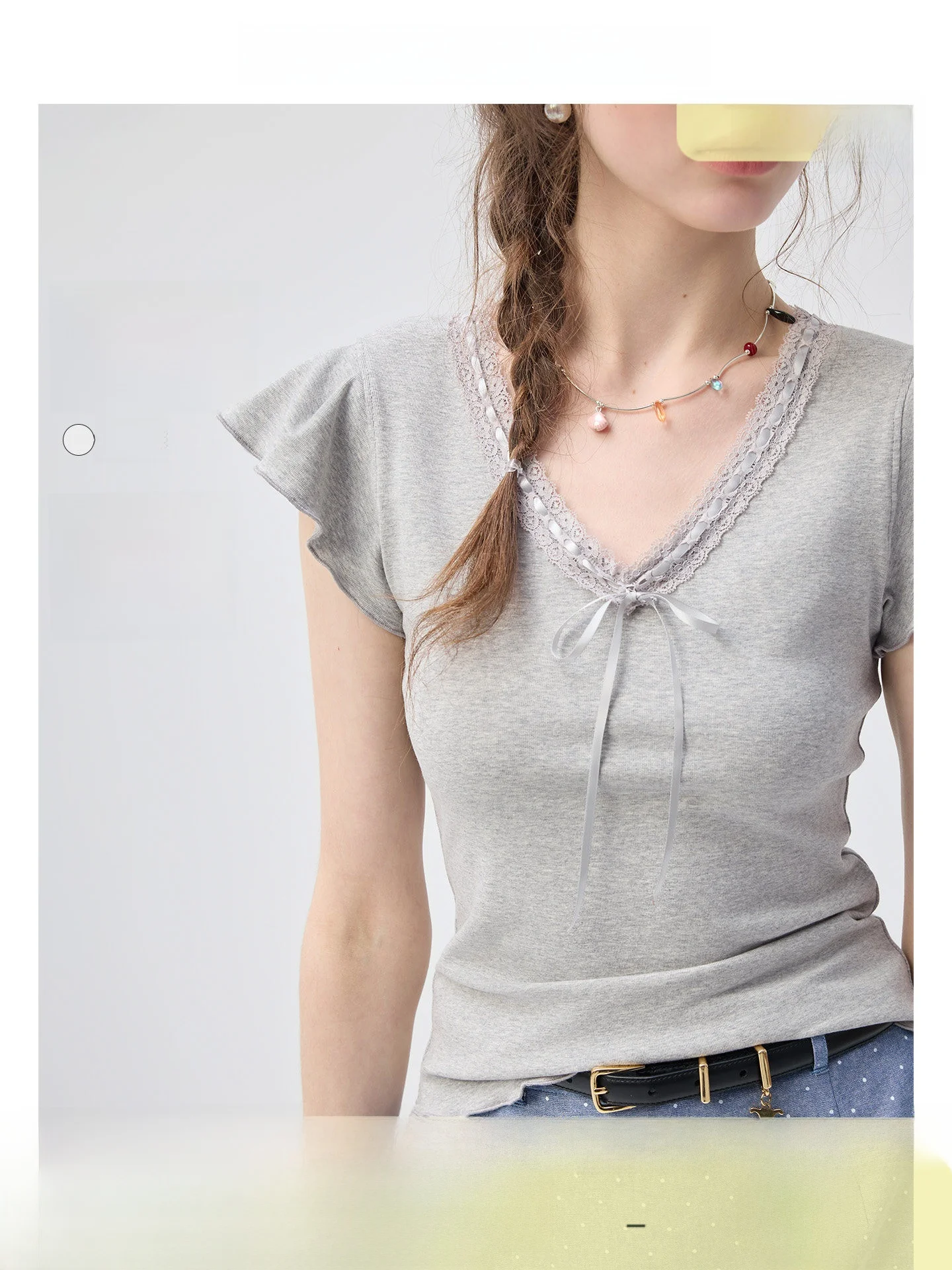 VEGA CHANG Summer Slim Fit Women's T-shirt Short Sleeve V-Neck Flounce Sleeve Top Korean Style Breathable Casual Tee