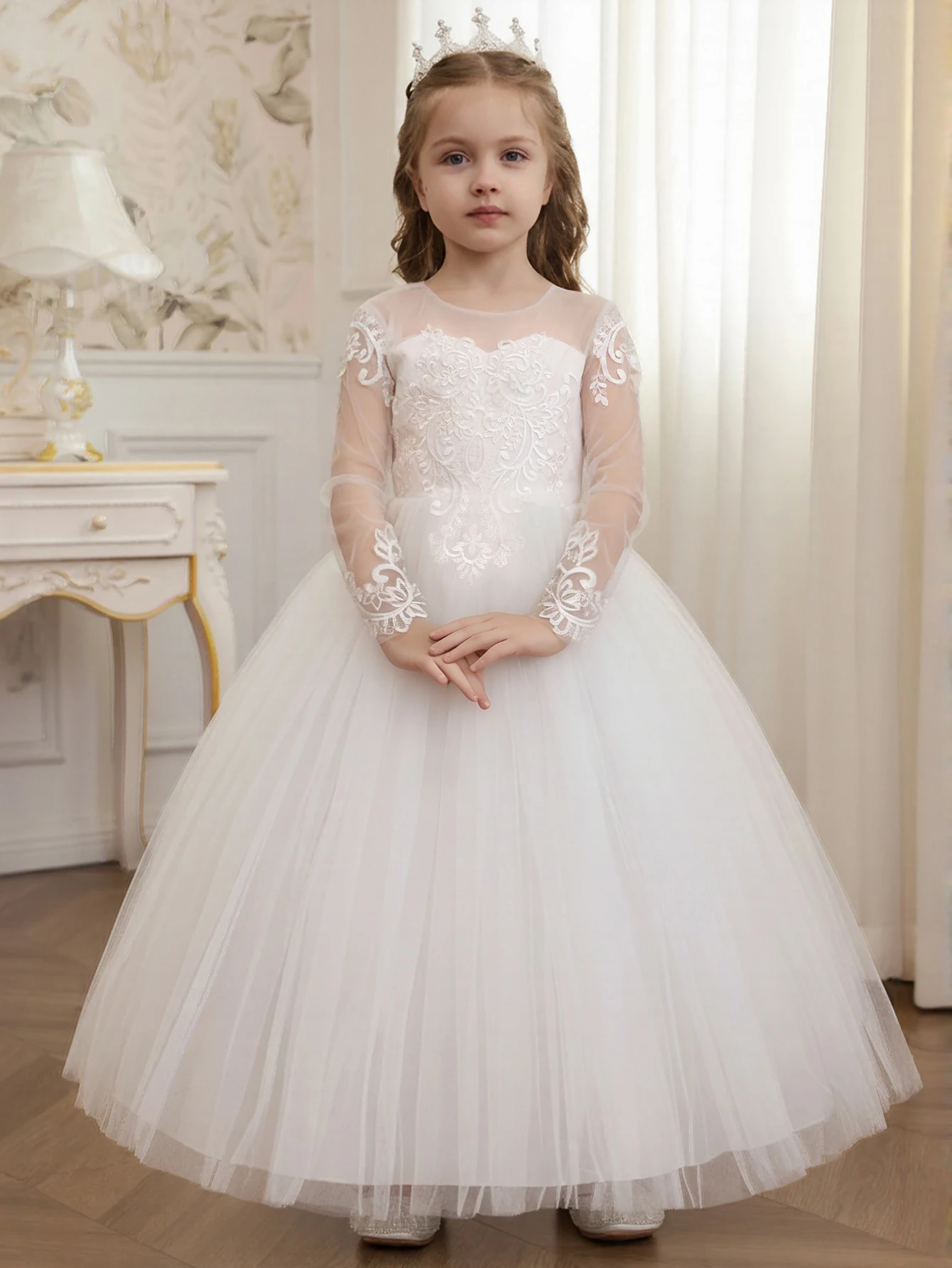 Long Sleeve Formal Ball Gown Communion Party Dress Girls Lace Embroidered Tulle Flower Girl Dress
