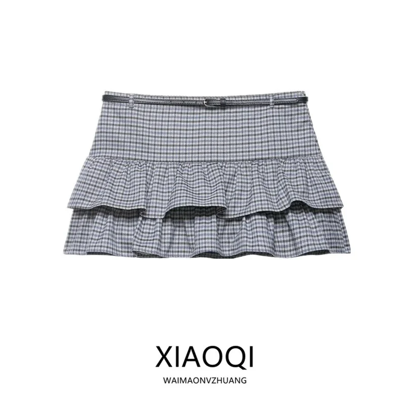 

Весна 2026: Новая женская юбка-брюки в клетку с поясом, высокая талия, модный дизайн к Новому году, женская юбка-полусолнце, юбка с клешем