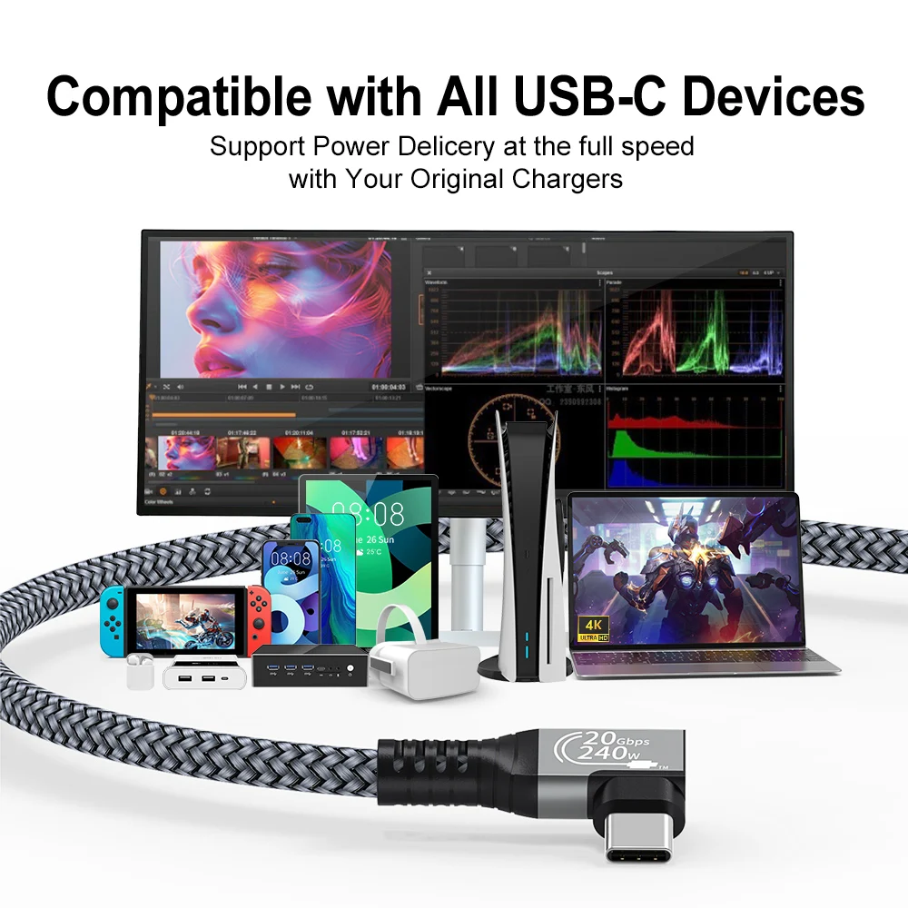 USB C 3.2 Gen2 20Gbps Extension Cable Type C to C PD 240W QC4.0 3.0 5A Fast Charging Cable For MacBook Pro 4k 60Hz Video Cable