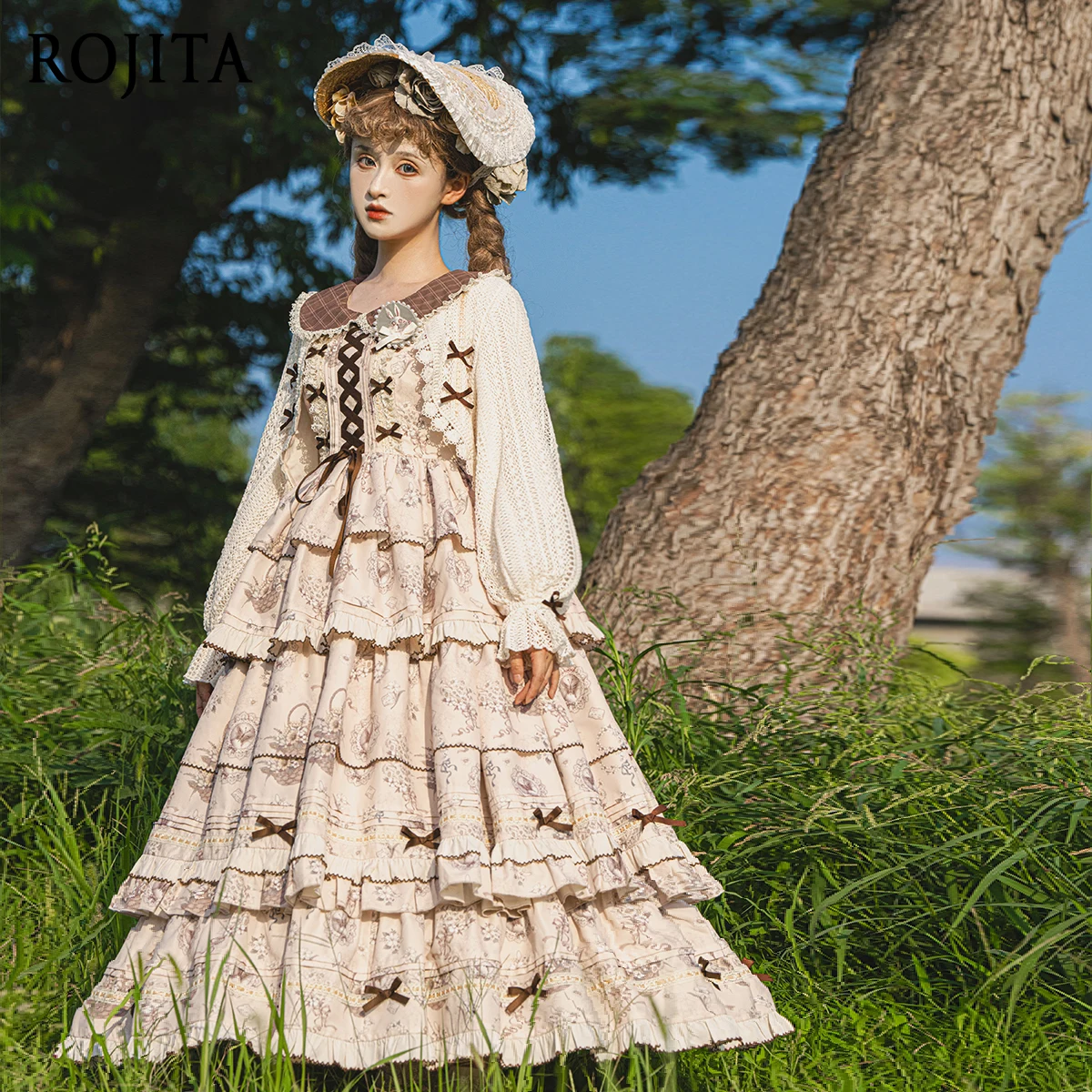 빈티지 인형 칼라 민소매 롱 드레스 여성용 우아한 레이어드 러플 엣지 데일리 로리타 드레스 세트 가을 코트 + 드레스