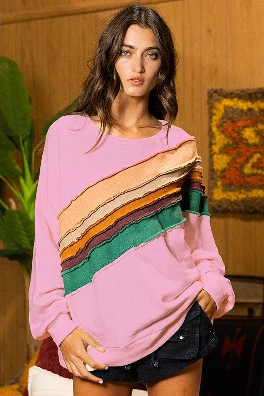 Oversized Sweatshirt for Women Spring Fall Classic Contrast Patchwork Crew Neck Long Sleeve Pullover Tops Casual Streetwear