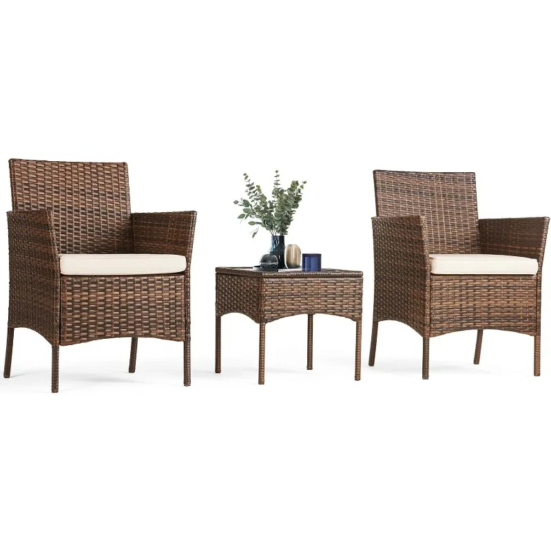 Patio Furniture Set 3 Pieces, Outdoor Furniture With Soft Cushion And Glass Table, All Weather Manual Weaving Wicker