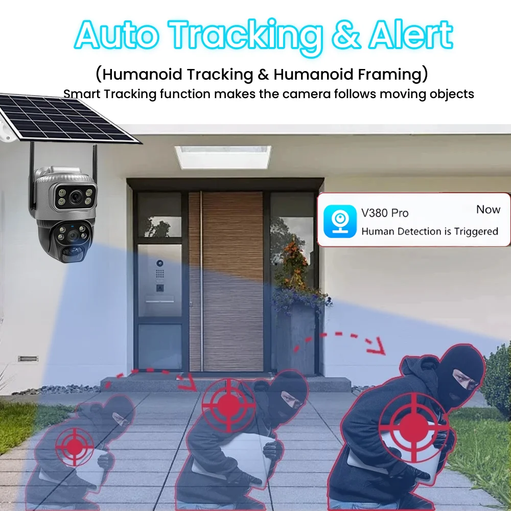 Solar-4G-Kamera für den Außenbereich, kabellos, 8 MP, Dual-Screen-Sicherheitsmonitor 360 ° Vorschau PIR Auto Tracking Smart Home Drahtlose CCTV-Kamera – Detail 10