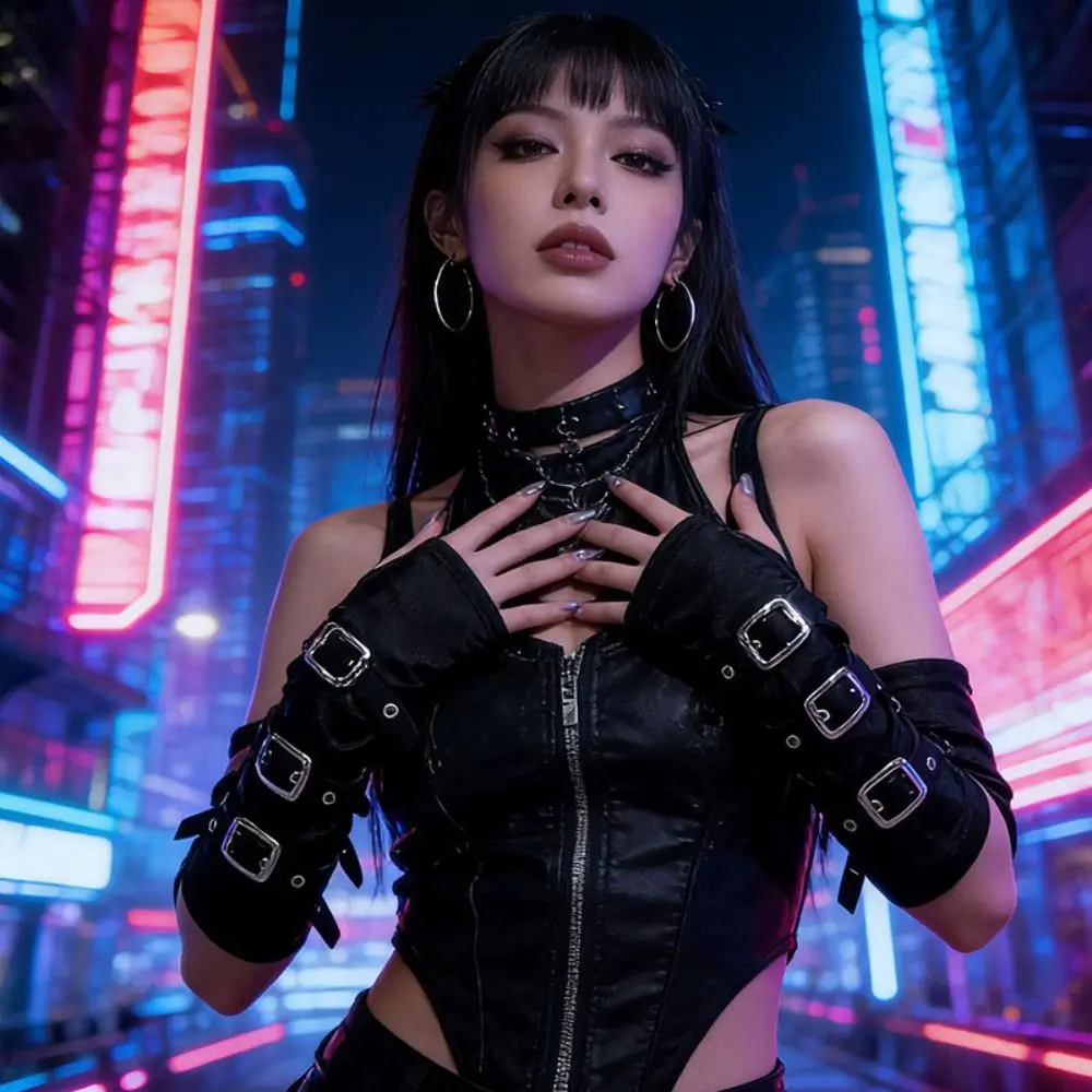 Black Fingerless Gloves Buckle Design Exaggerated Punk Style Elbow Gloves Gothic Hip Hop Party Metal Button Gloves Street Dance