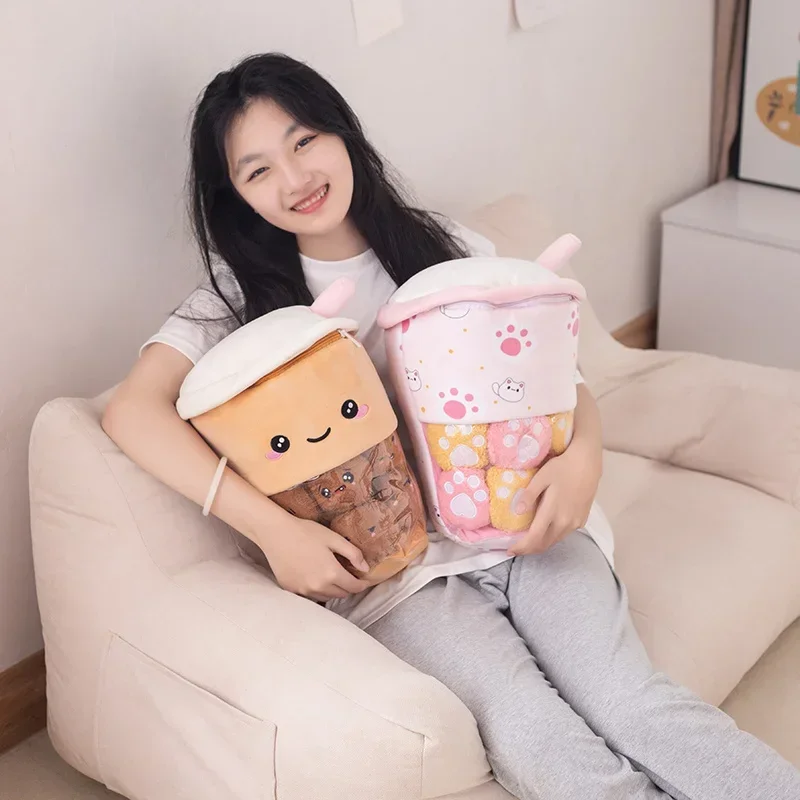 30x40cm Bubble Tea Pluche Kussen Gevuld Piepend Mini Dierenballen Parels Roze Kat & Beerpoten Snack Puddingzak Voedsel Plushie