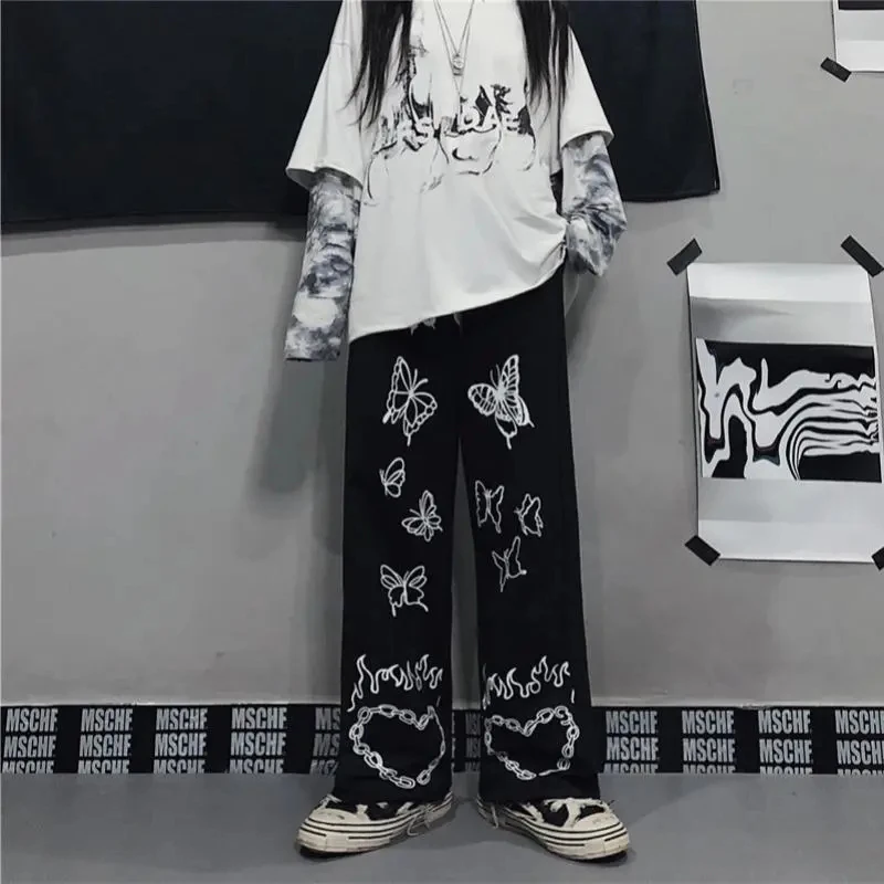 Wide Leg Summer Pants Clothes For Woman Korean Fashion Butterfly Print Harajuku Streetwear Y2k Clothes Pants Trousers Woman