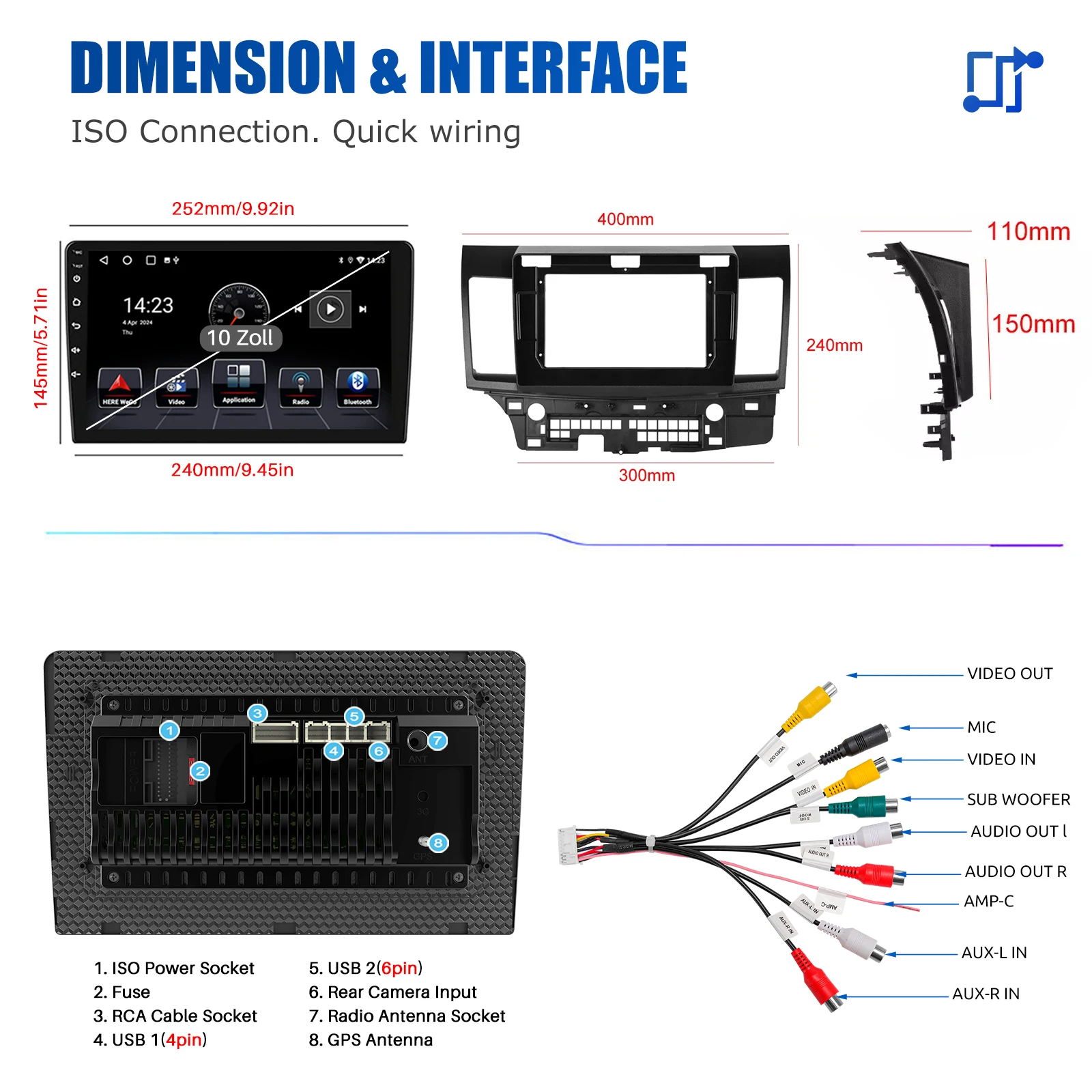 10 "أندرويد 15 سيارة نظام تحديد المواقع راديو ستيريو بالسيارة ل 2008-2017 ميتسوبيشي لانسر أبل Carplay 4 + 64G IPS شاشة تعمل باللمس واي فاي لتحديد المواقع BT + DVR & CAM