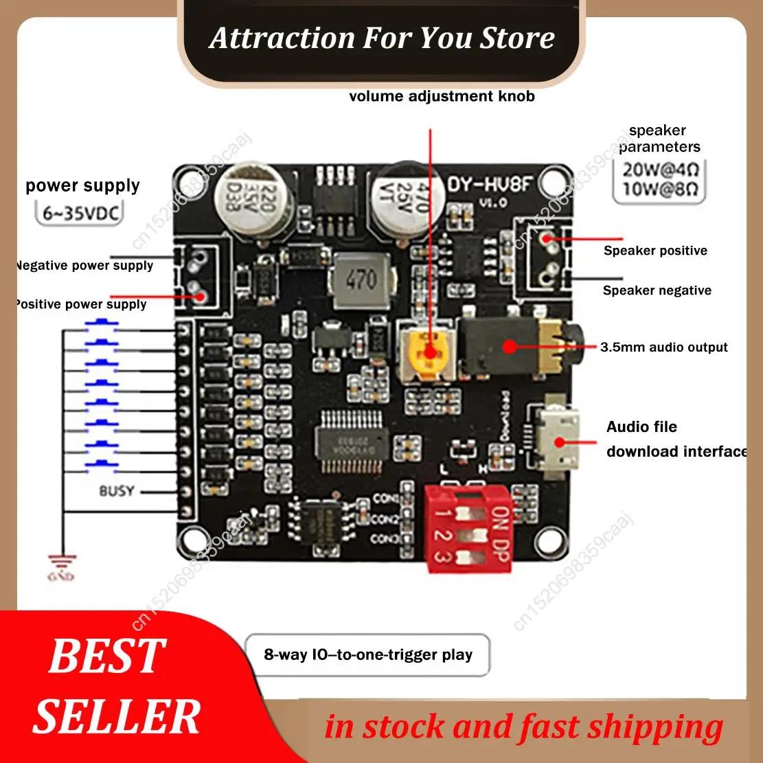 حار بيع DY-HV8F وحدة تشغيل الصوت 12 فولت/24 فولت الزناد التحكم المنفذ التسلسلي 10 واط/20 واط مع 8 ميجابايت فلاش تخزين مشغل MP3 لاردو