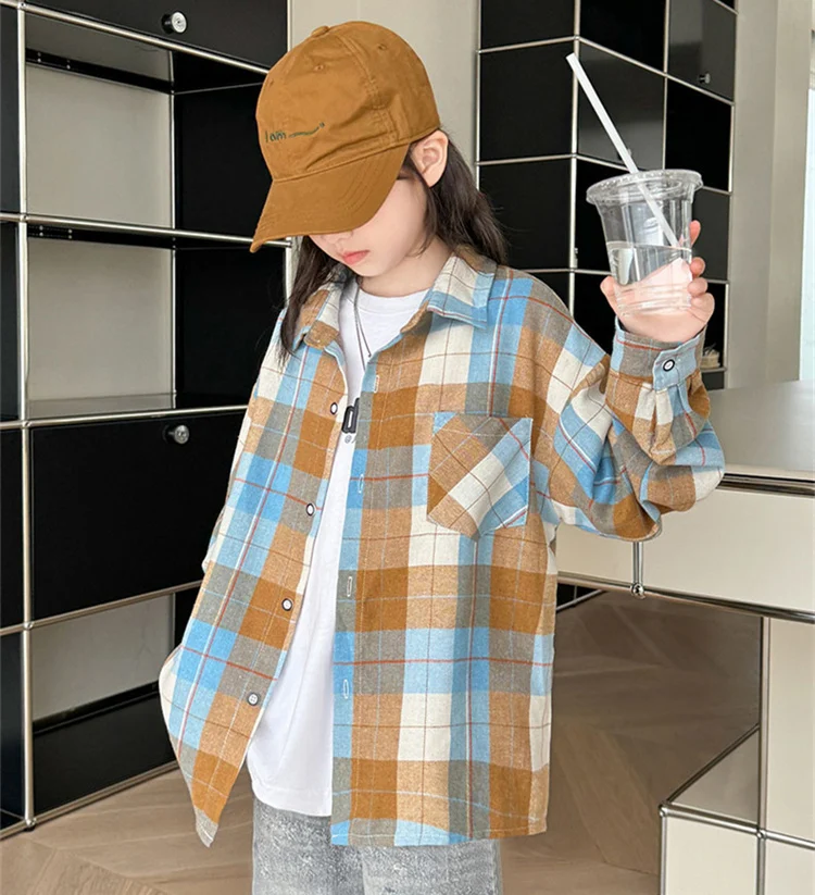 Koreanischer Stil, langärmliges kariertes Hemd für Teenager-Mädchen mit Tasche, neue Mode-Streetwear-Oberbekleidung für Kinder, Baumwollbluse für Kinder im Alter von 5-14 Jahren. – Detail 2
