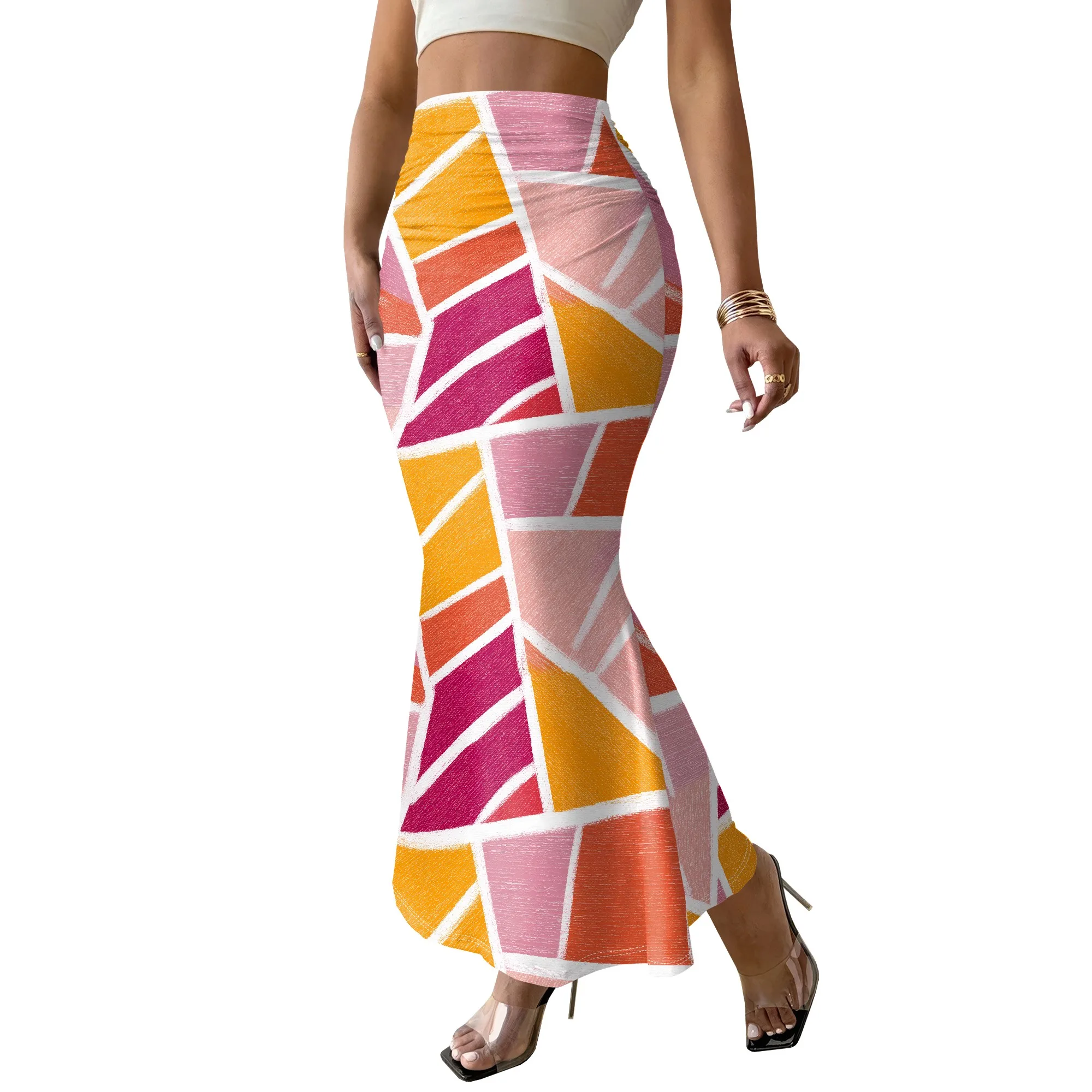 Geometric Print Mermaid Skirt, Abstract Pattern Maxi Skirt, High Waist Bodycon Dress Bottom, Summer Beach Vacation Wear, S-3XL
