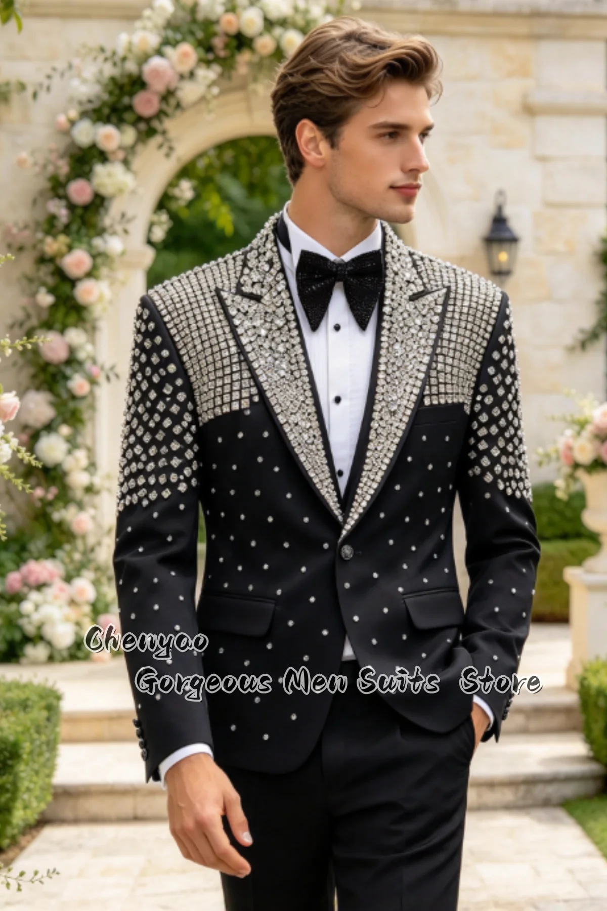 Luxury Rhinestone Peak Lapel Blazer Customized Men Suits Slim Groom Wedding Party Tuxedos  Formal Gorgeous Blazers 2 Piece Sets