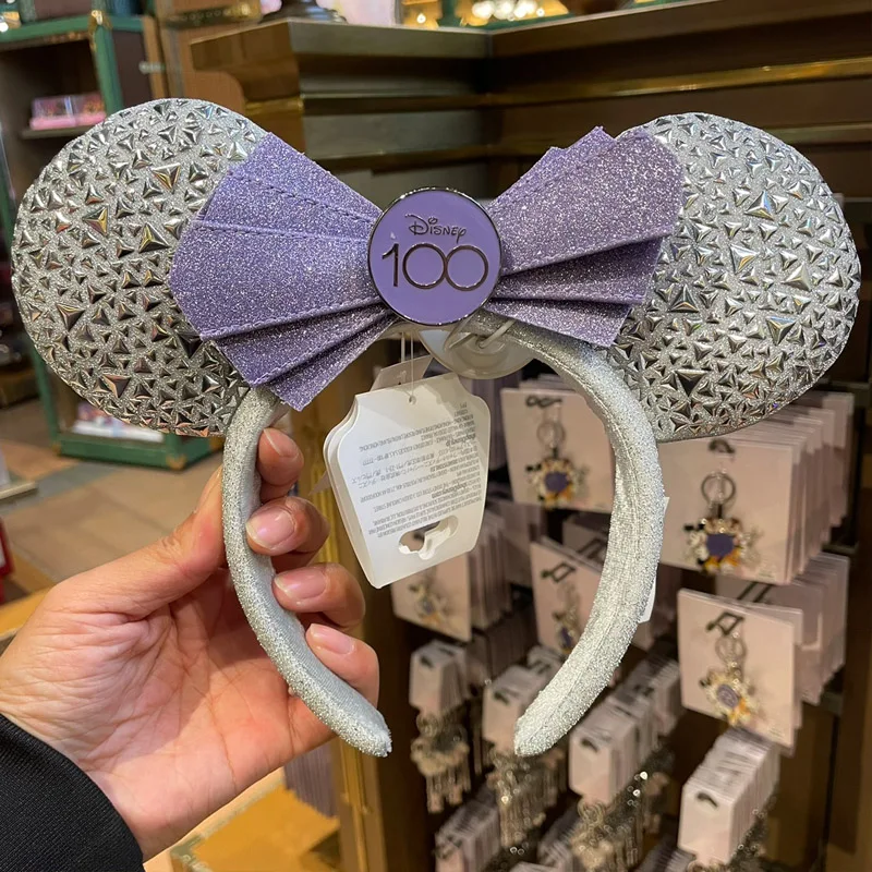 2025 오리지널 디즈니 미키 귀 머리띠 상하이 디즈니 랜드 미니 가죽 머리띠 헤어 밴드 스팽글 보우 파티 헤어 액세서리