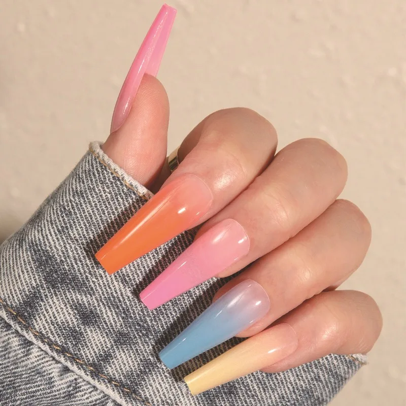 24 Pcs Multicolor Gradient Fake Nails Set Long Simple Press on Nails Acrylic Supplies Reusable Adhesive Nail Tips with Tools
