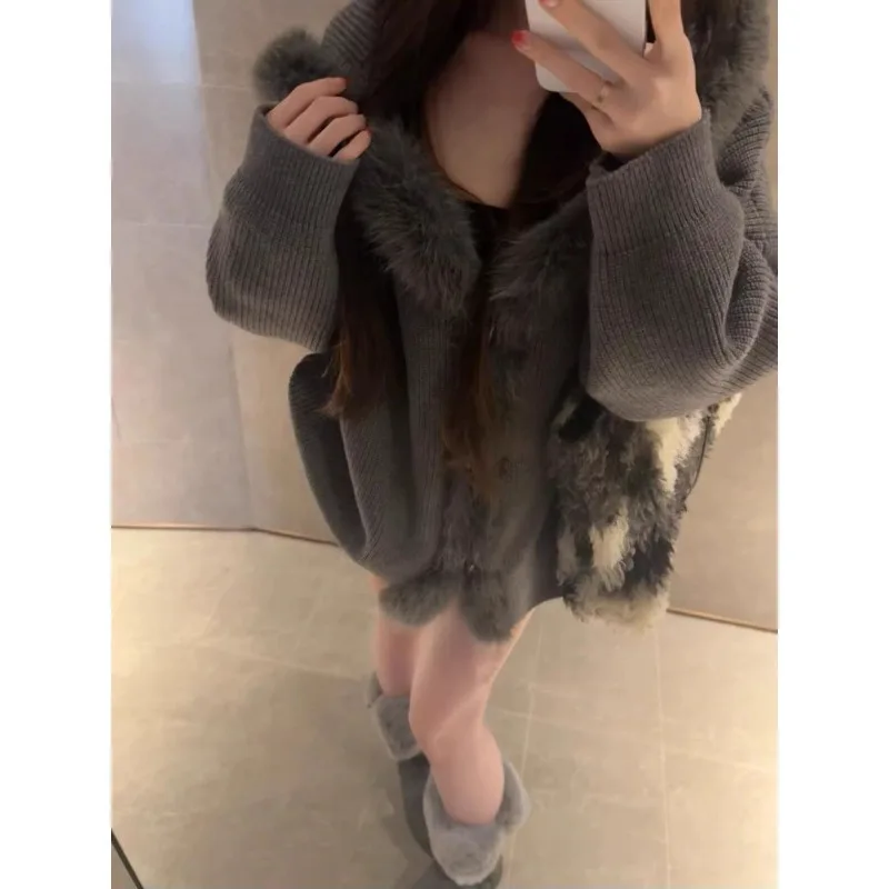 Grey Fur Collar Hooded Button up Long Sleeved Cotton Jacket for Women 2026 Autumn Winter New Loose High-end Top for Commuting WF