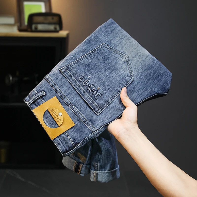 Celana Jeans baru pria, bawahan dicuci lembut dan tipis tren Tinggi nyaman elastis Musim Panas 2024