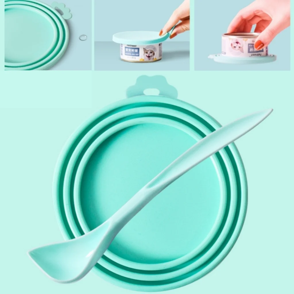 Tampa de lata para animais de estimação, silicone fresco, gato e cachorro, tampa de vedação universal ajustável + colher, ferramenta de armazenamento de alimentos