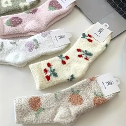 1 Pair Women Autumn Winter Mid Length Socks Fashionable Plush Flowers Sweet Patterns Soft Comfortable Warm Casual Socks