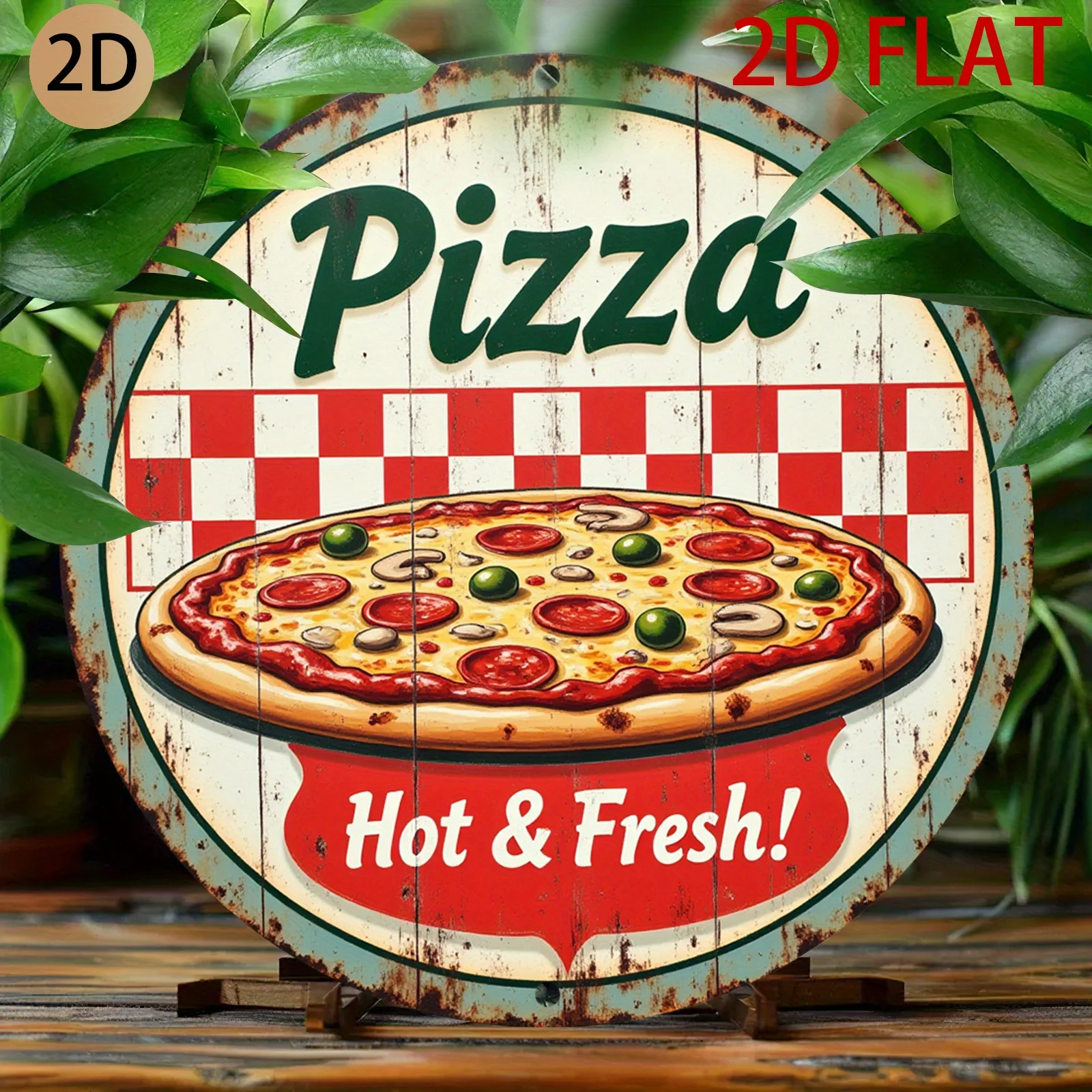 [2D Plano] Letrero Metálico Redondo con Temática Vintage de Pizza, Perfecto para la Cocina o el Comedor de una Pizzería
