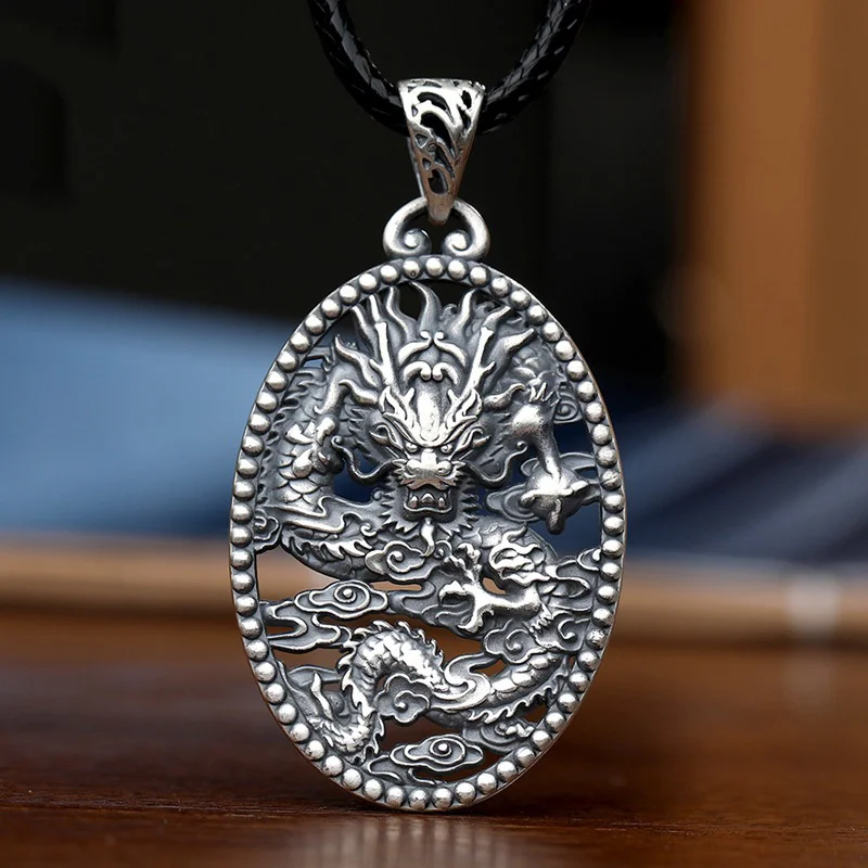 Retro Dragon Pendant Necklace For Men Jewelry Vintage Hollow Animal Necklaces Silver 925 Male Neck Chain Accessories Gift