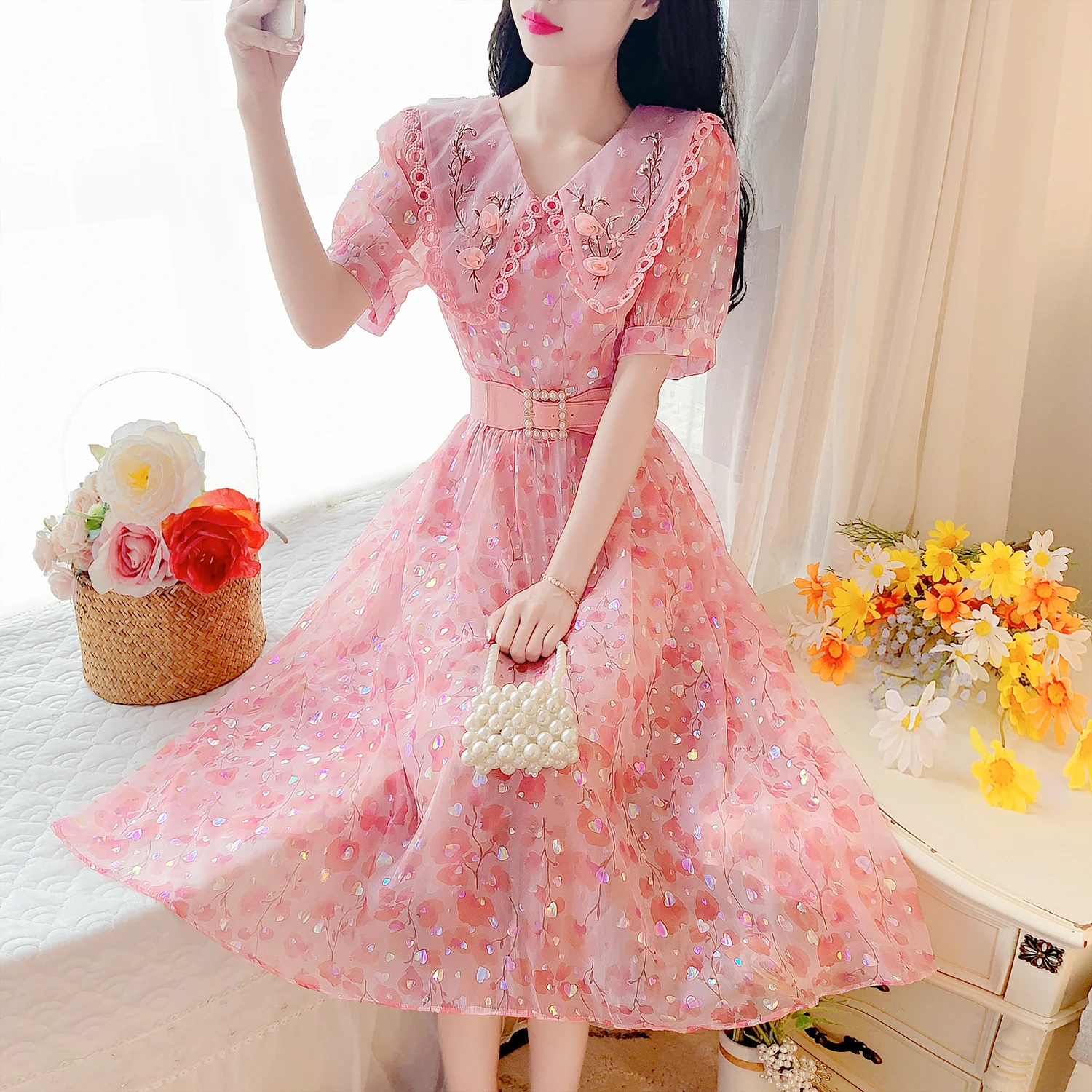 

Sweet Women Summer Dress Turn Down Collar Puff Sleeve Applique Belt Floral Print Dresses Chic Lady Tulle Sequin A-line Vestidos