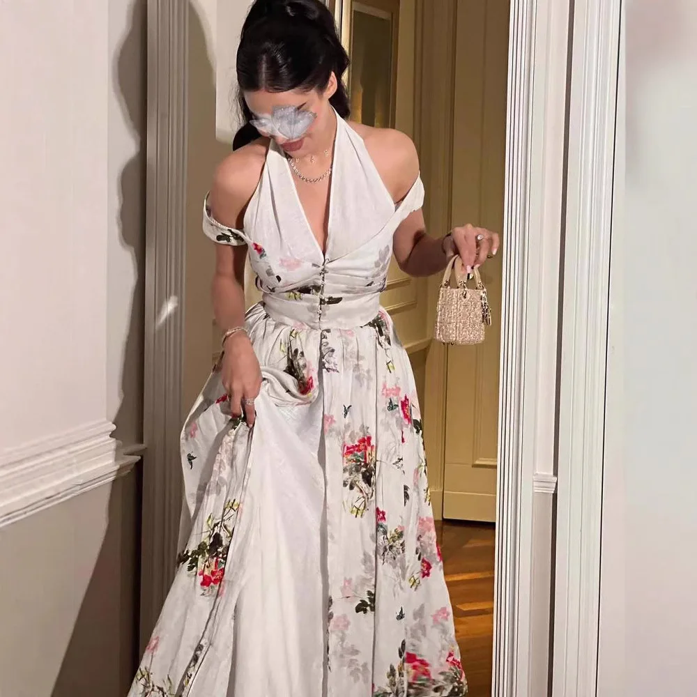 2025 Spring Summer New Women's Clothing Long Loose Maxi Dress Middle East Chiffon Floral Print Evening Party Dress