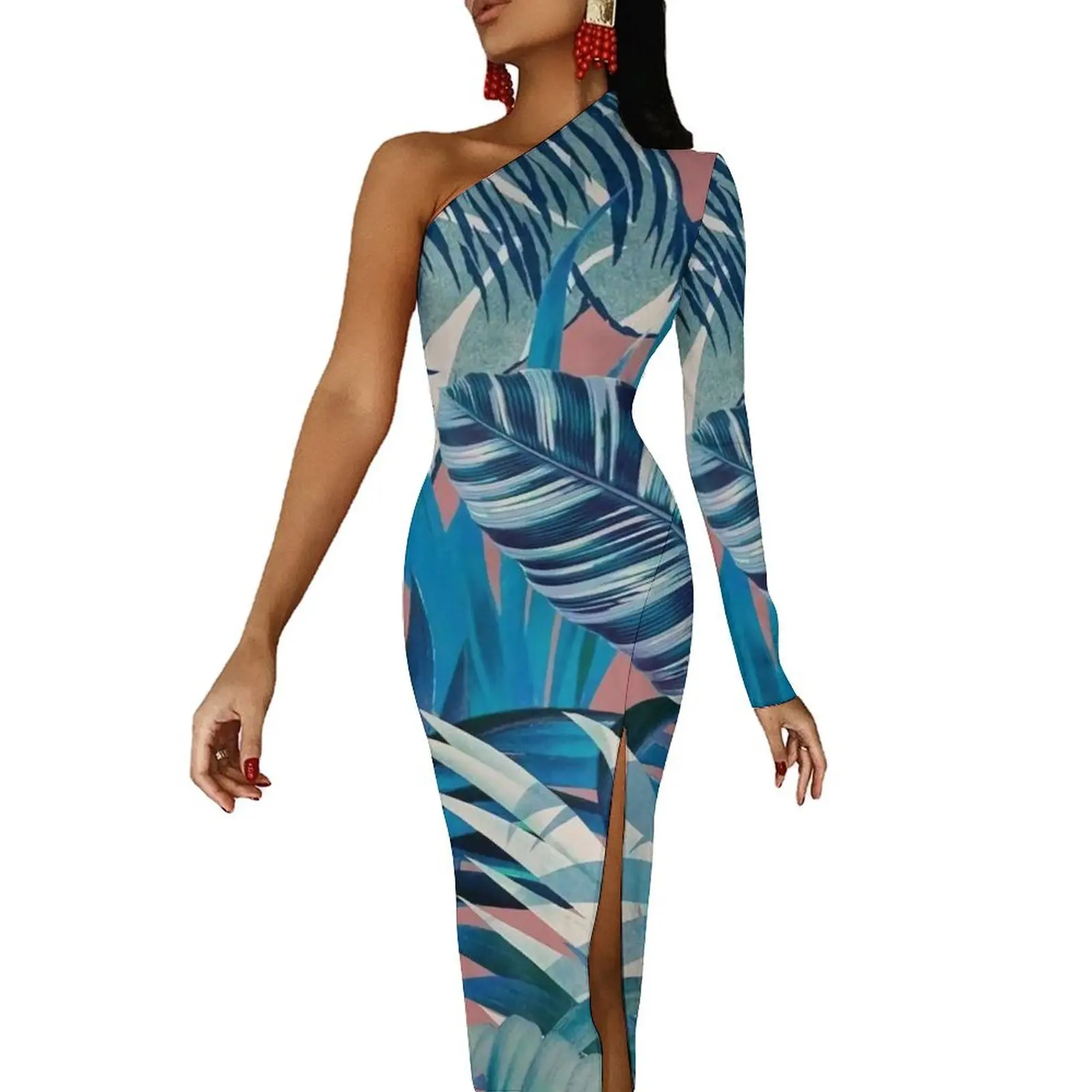 

Акварельное облегающее платье с тигром, летнее платье с принтом листьев джунглей, сексуальные длинные платья с высоким разрезом, платье на одно плечо с узором в уличном стиле