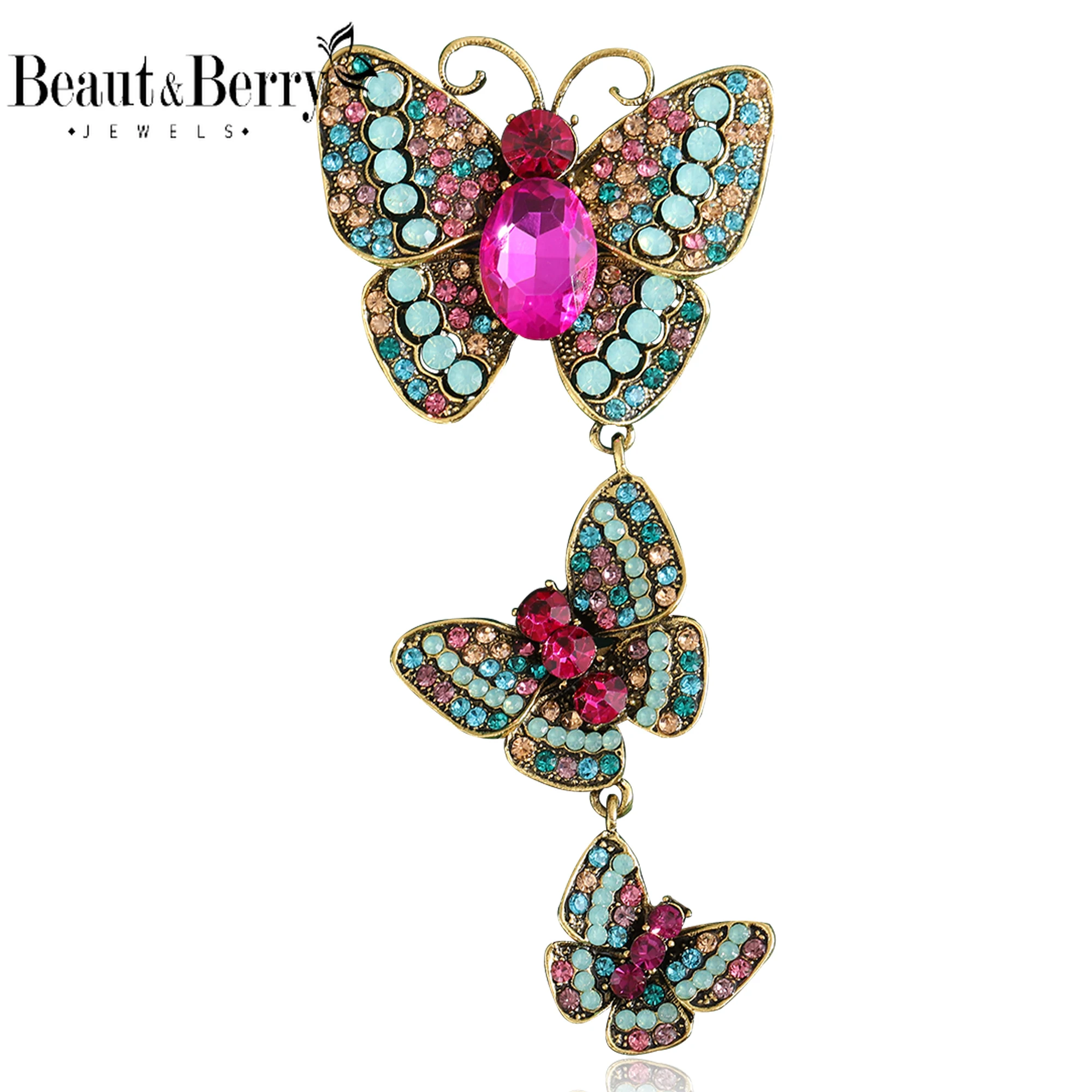 

Beaut&Berry Vintage Rhinestone Three Butterfly Brooches for Women Unisex Insect Pins Casual Party Accessories New Gifts Friends
