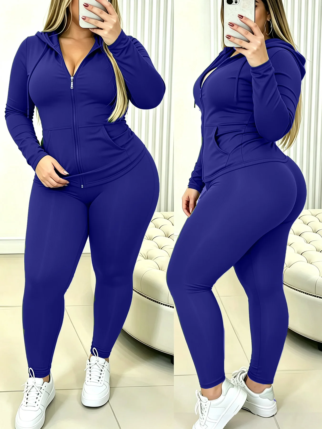 Cozy Skin-Friendly Solid Color Curvy Oversized Tracksuit, Zip Hoodie Matched With Joggers, Comfortable Casual Athleisure Wear, Versatile All Seasons Style For Yoga Daily Party Streetwear