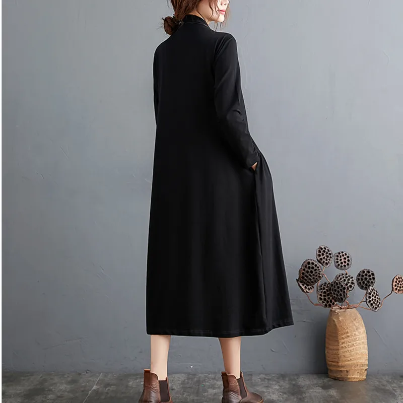 #3458 Spring Autumn Turtleneck Long T Shirt Dress Women Loose Asymmetrical A-line Dress Female Split Joint Pleated Vintage Midi