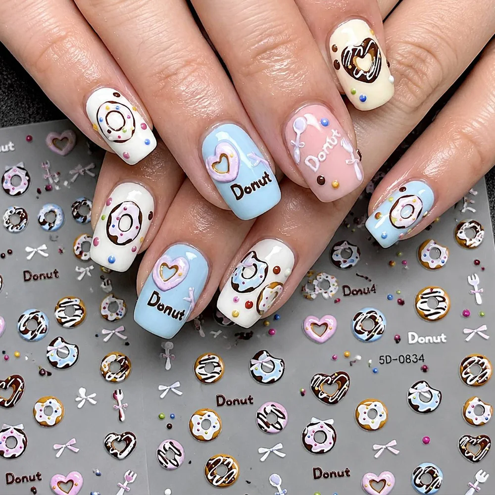 1Pc 3D Raised Donut Pattern Nail Sticker Multicolor Glossy Texture Donut Nail Decal Soft Sweet Style Donut Design Nail Slider