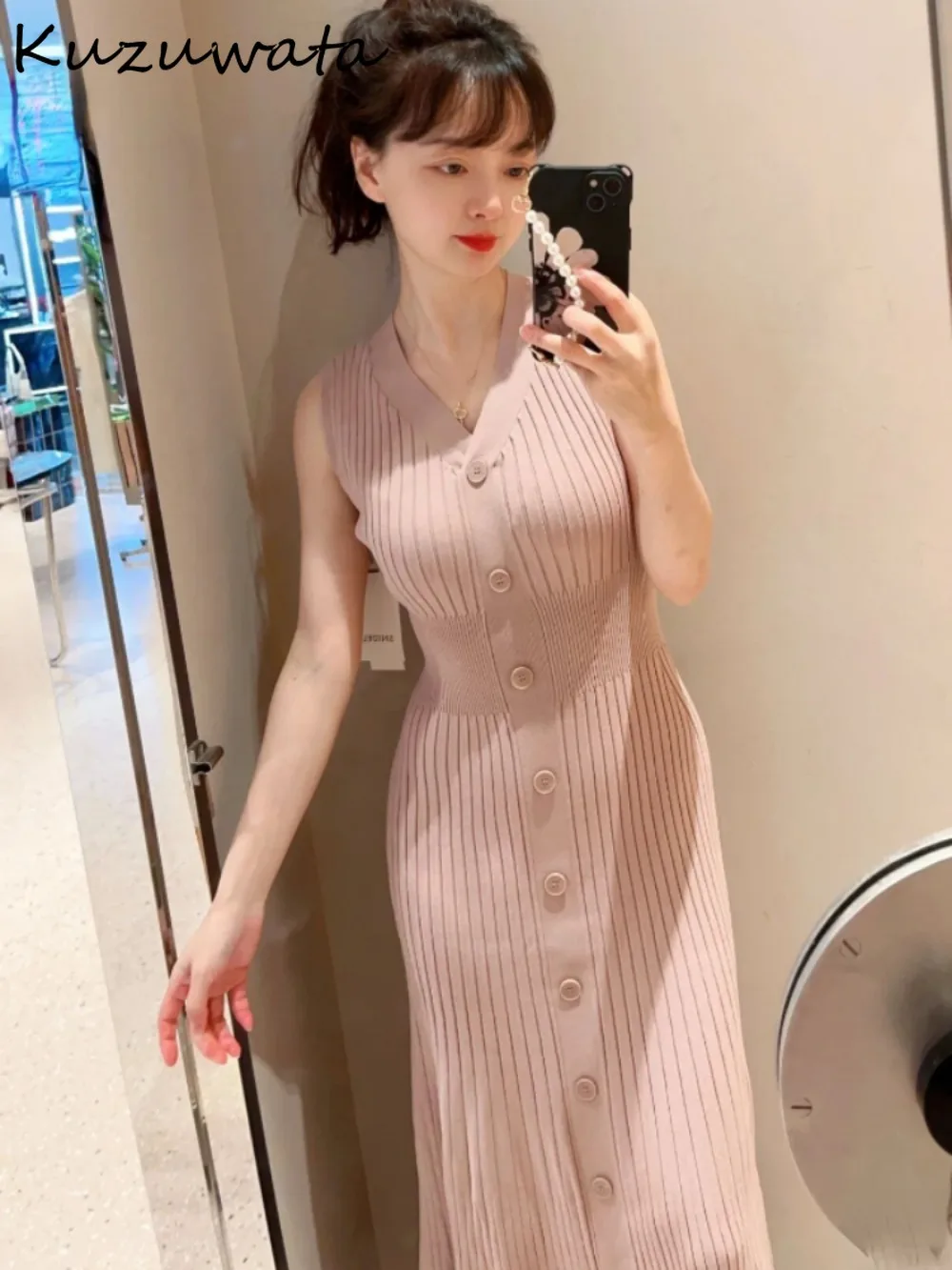 Kuzuwata Elegant V Neck Sleeveless Slim Fit Vestidos Single Breasted Patchwork Stripe All-match Dress Japan New Moda Knit Robe