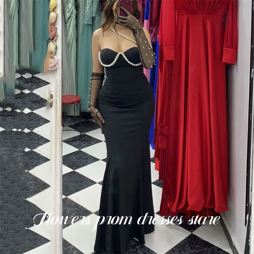 

Flowers Black Evening Dresses Sweetheart Prom Dresses with Pearls Party Formal Gown Mermaid robe de bal for Woman Customized