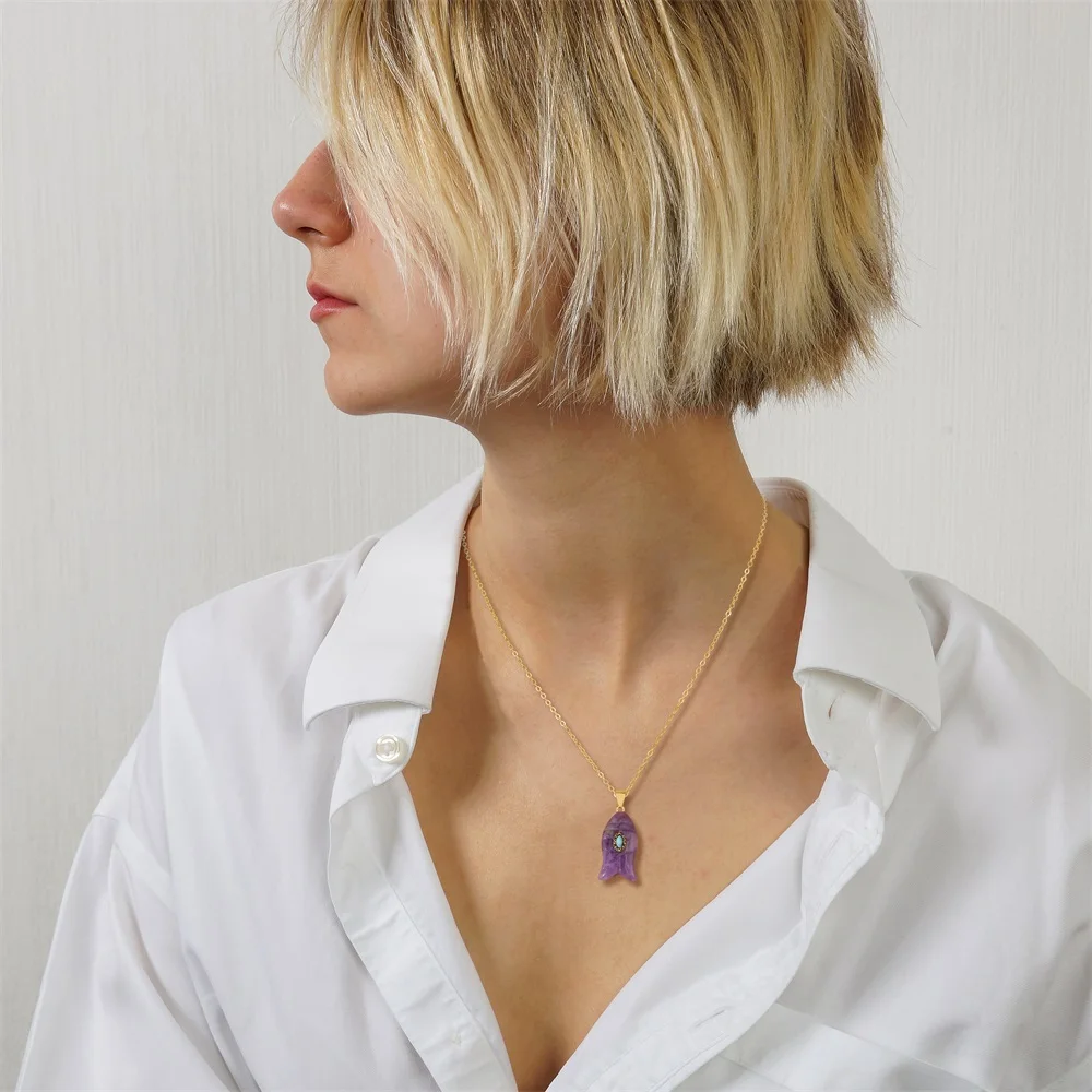 Natural Stone Fish Shape Pendant Necklaces Lapis Lazuli Tiger Eye Amethysts Necklace Reiki Energy Necklaces for Women Female